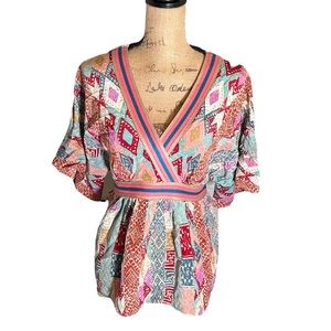 Plenty by Tracy Reese Pink and Orange Flutter Sleeve Wrap Blouse